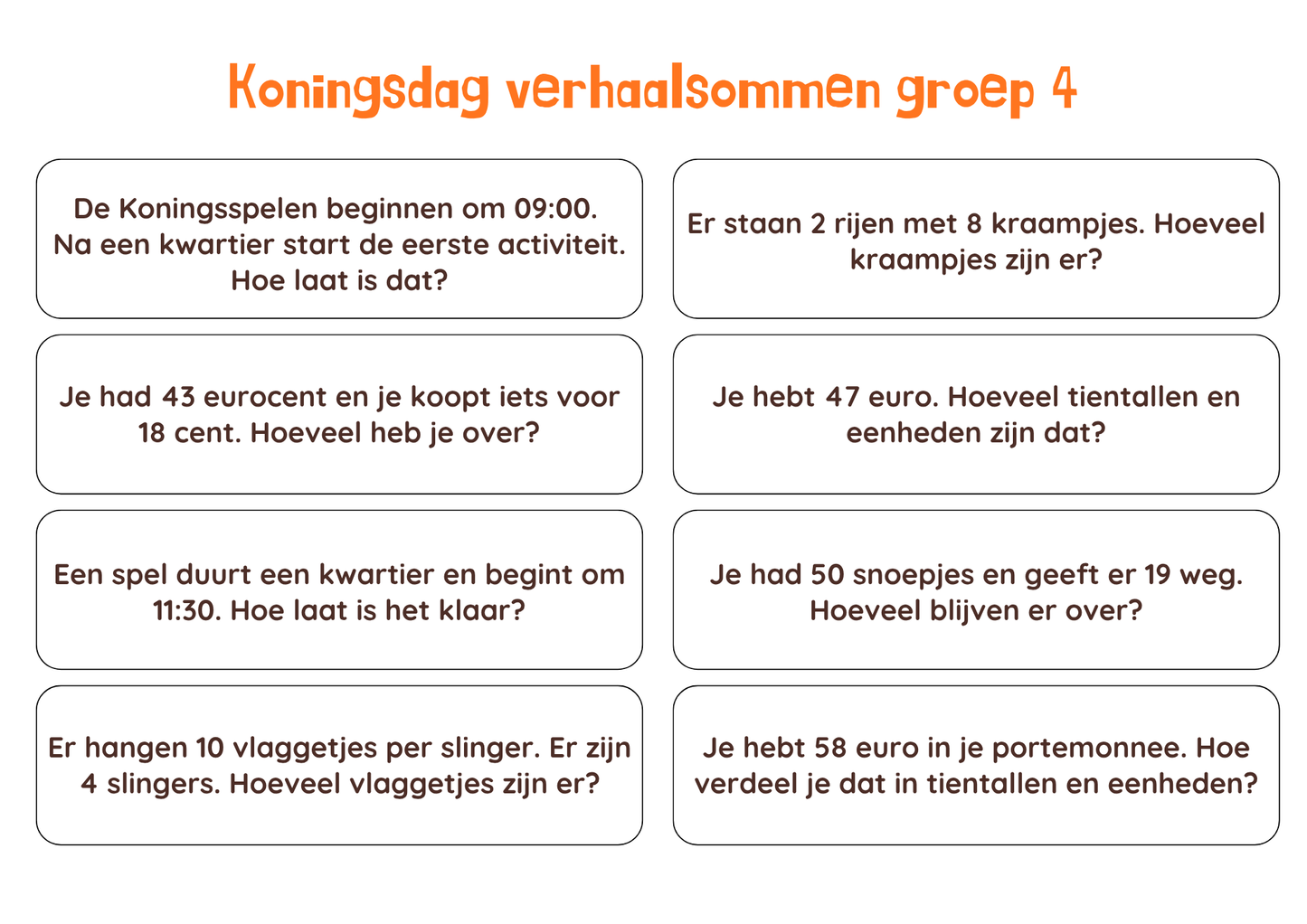 Verhaalsommen Koningsdag groep 4,5 en 6