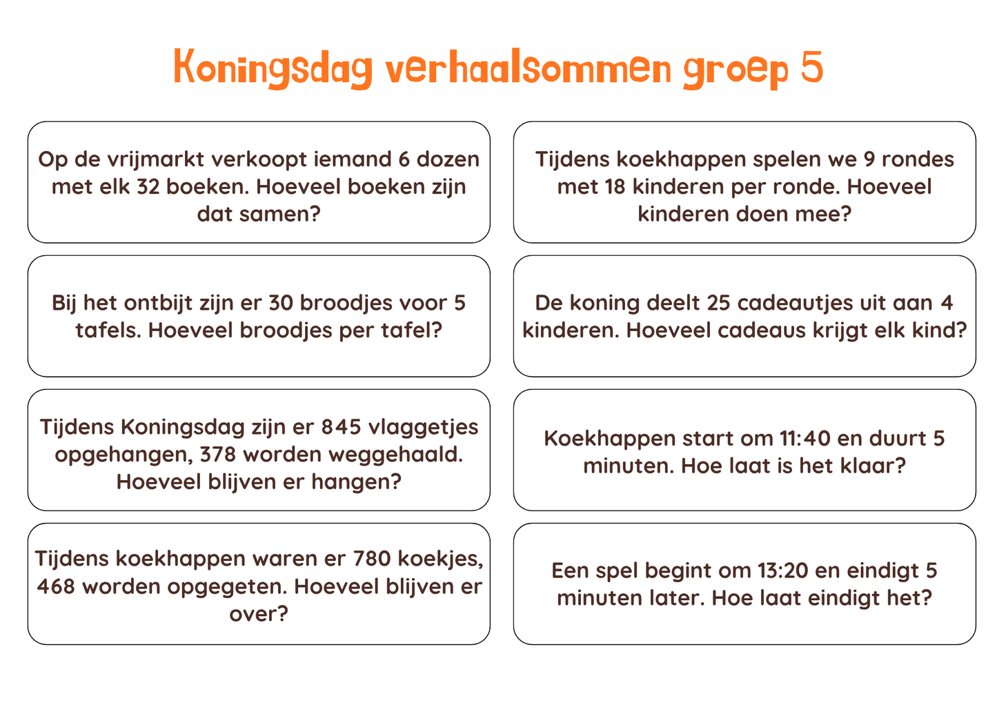 Verhaalsommen Koningsdag groep 4,5 en 6