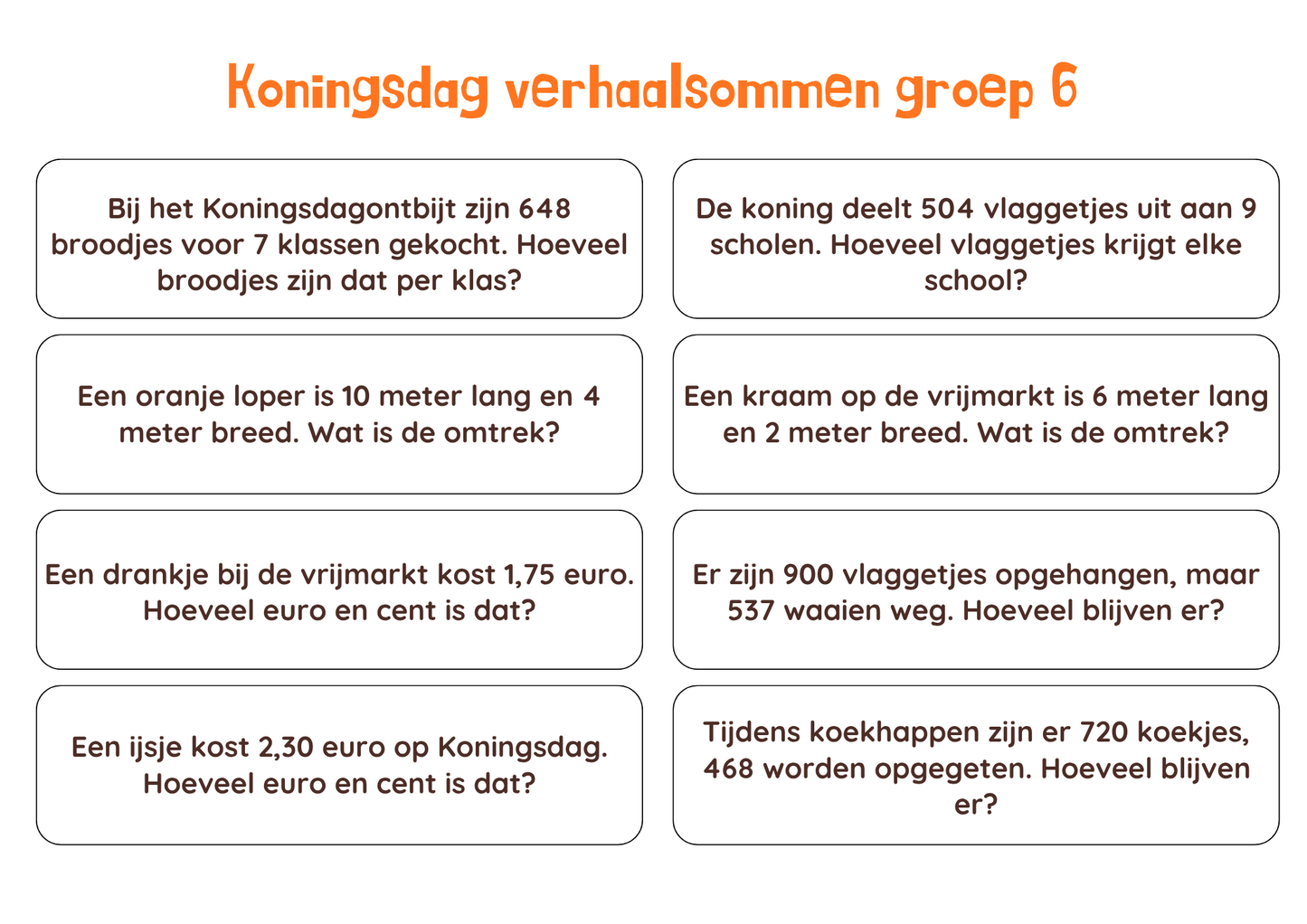 Verhaalsommen Koningsdag groep 4,5 en 6